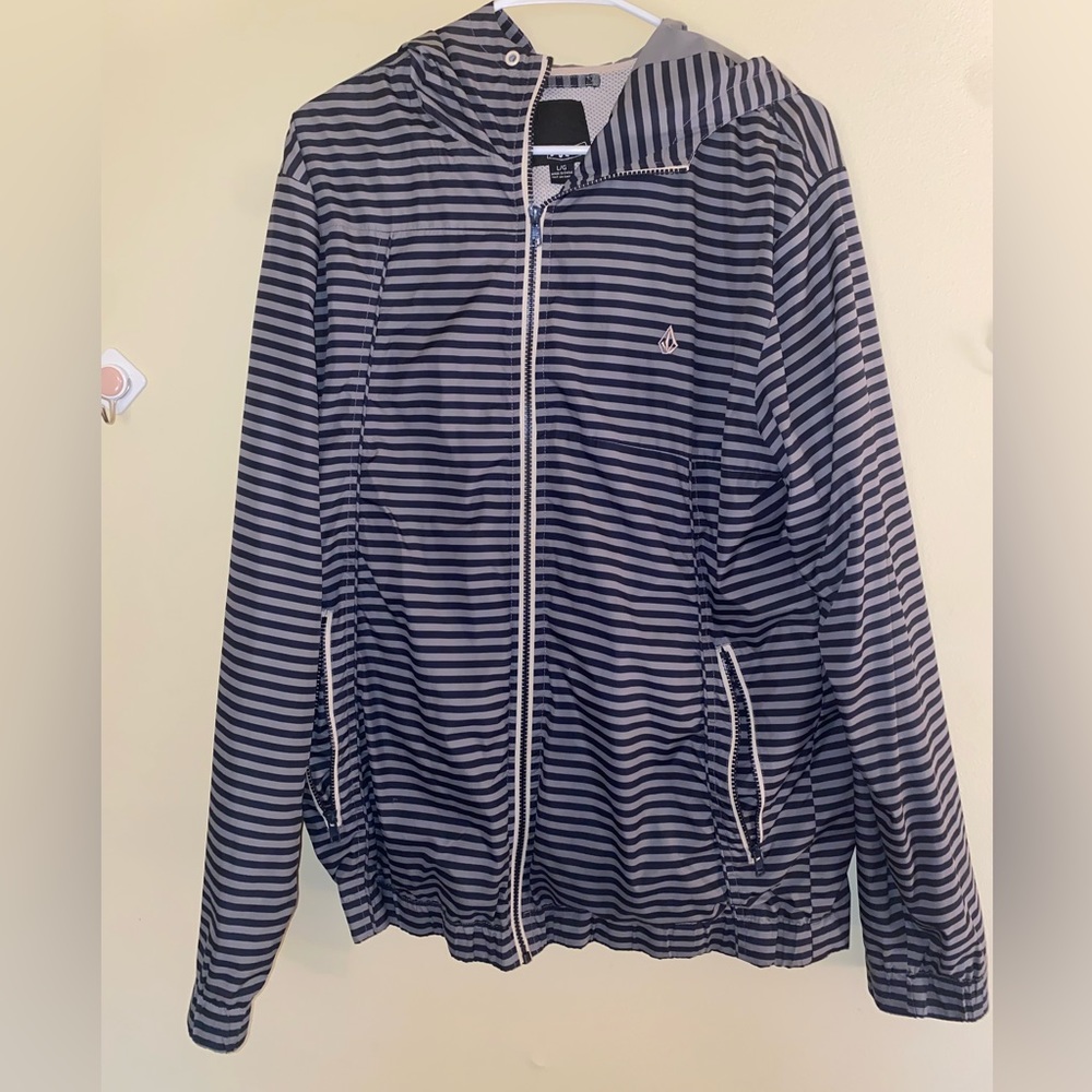 COPY - Volcom two-tone gray striped rain jacket raincoat with hood